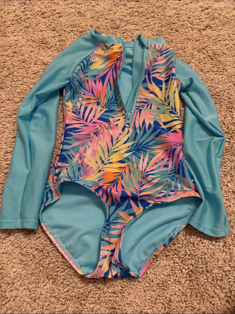Cat & Jack Light Blue Long-Sleeve Tropical Print One-Piece Swimsuit
